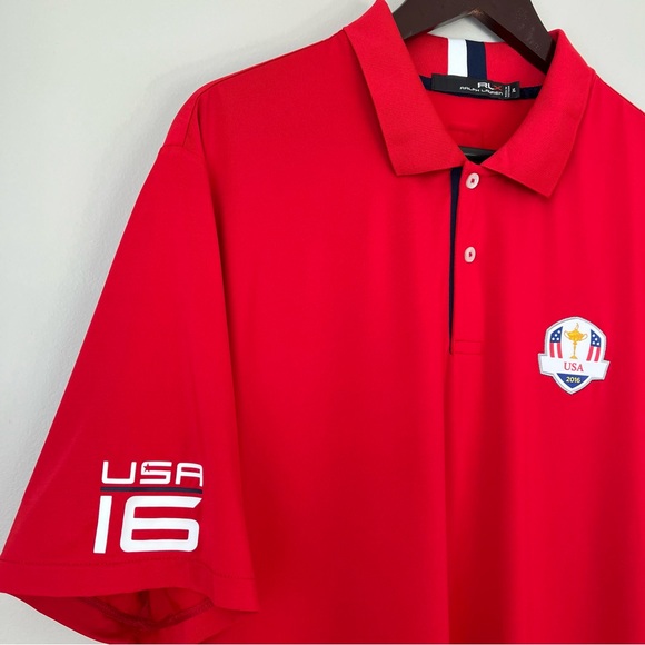 RLX Ralph Lauren Mens XL Red USA 2016 Ryder Cup Red Golf Shirt Performance Wear - Picture 7 of 13